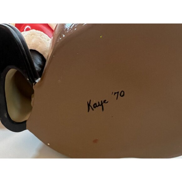 Vtg '70 Santa Claus Jolly St Nick Ceramic Figurine Gift bag bell homemade signed - Picture 6 of 9